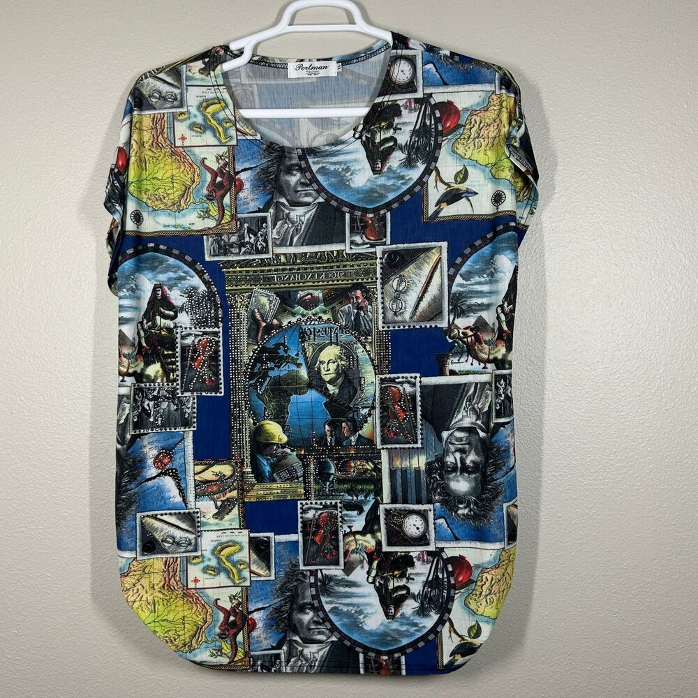 Portman Top Womens XL Blue Multi Print Studded Tunic Short Sleeve Rhinestone
